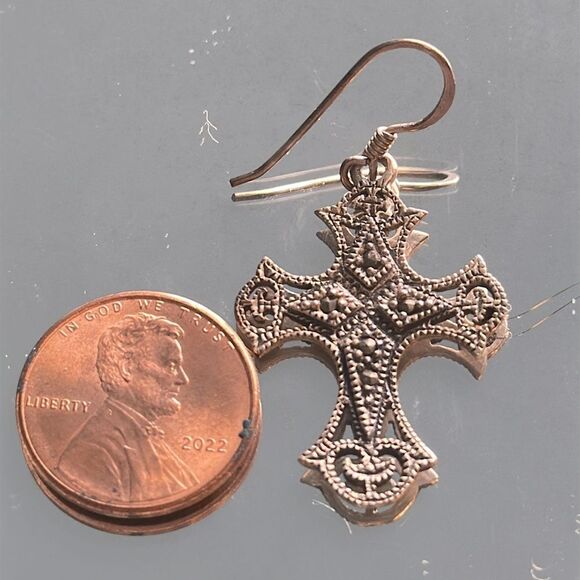 Vintage 925 Silver Cross Drop Wire Earrings - Picture 4 of 4